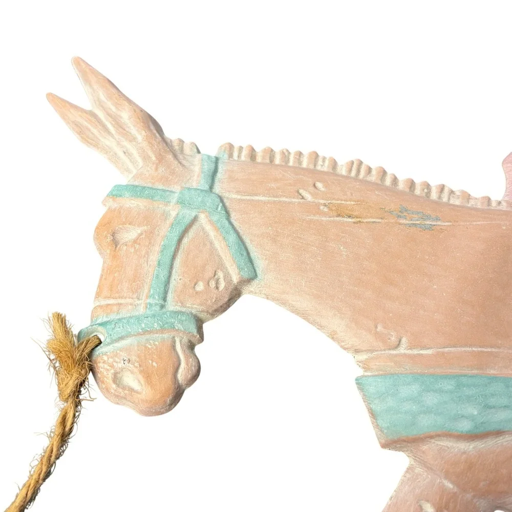 Vintage Mexican Folk Art Wall Hanging Man Leading Donkey‎ 2pc Set Rustic Decor